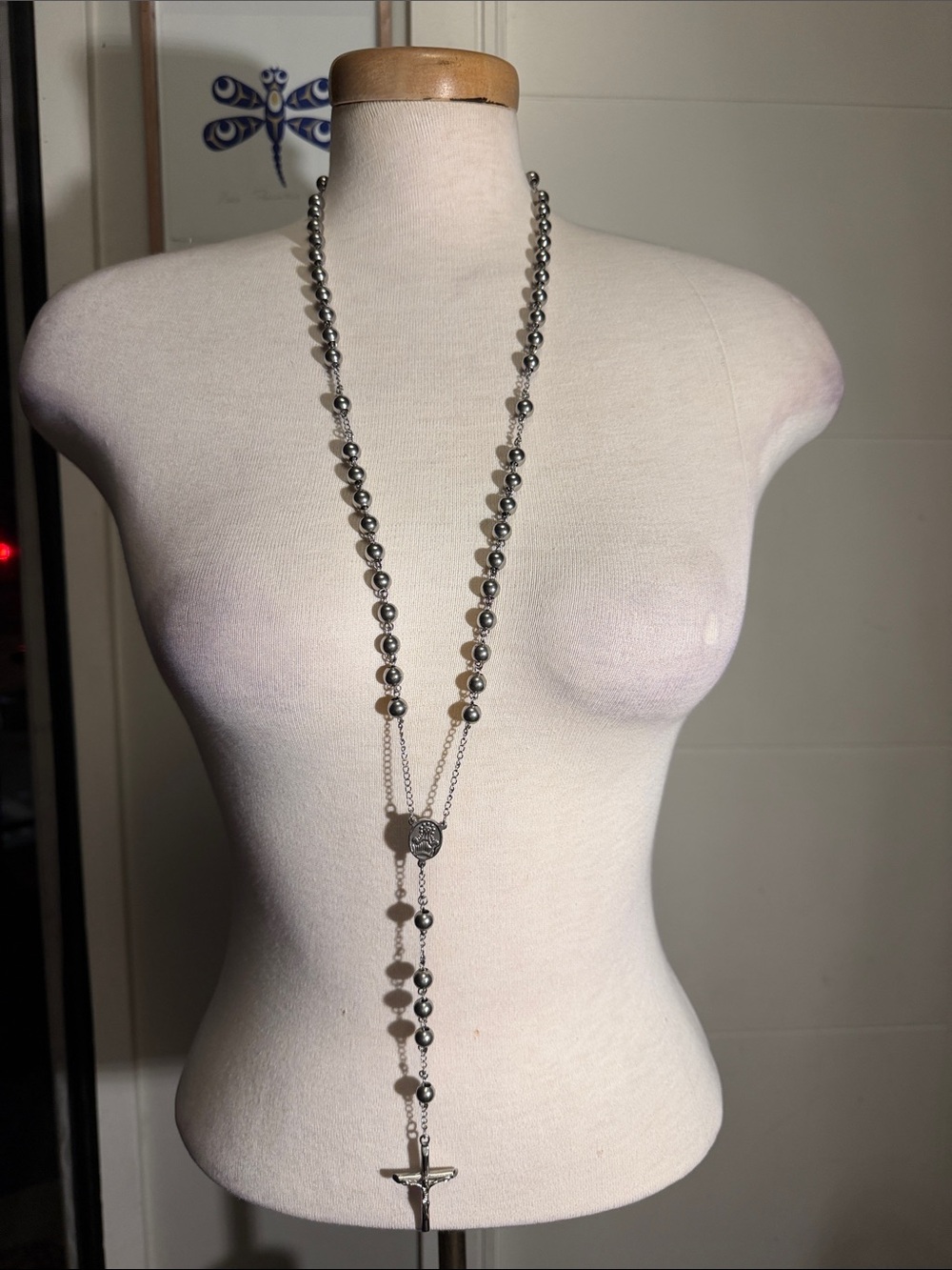 Silver Beaded Italian Rosary Necklace with Cross